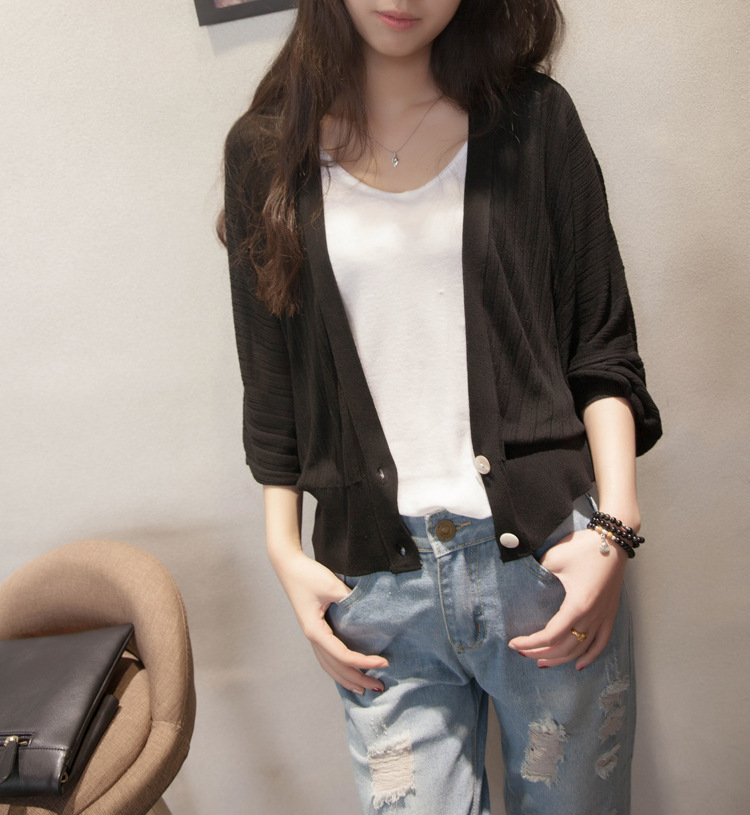 燈籠袖外搭V領寬鬆防曬衣空調披肩針織衫-lululam