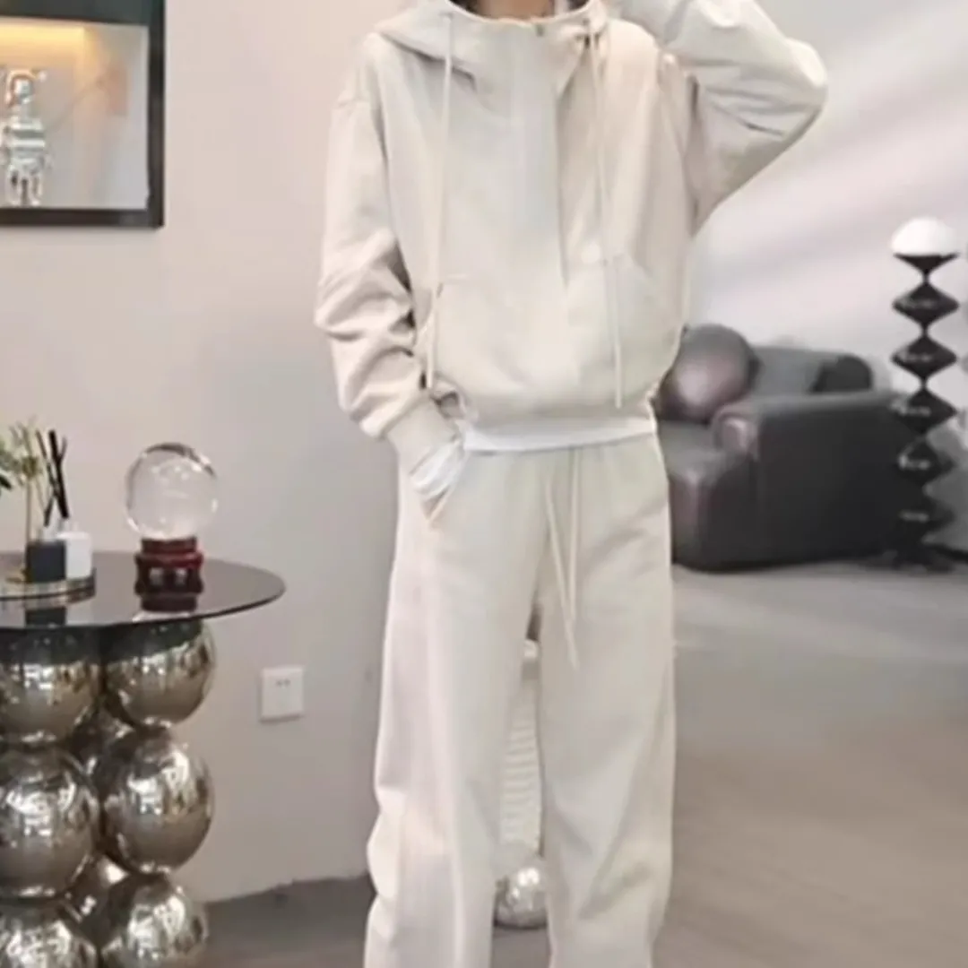 【整套】加厚刷毛時尚長袖連帽外套+休閒束脚褲兩件套裝