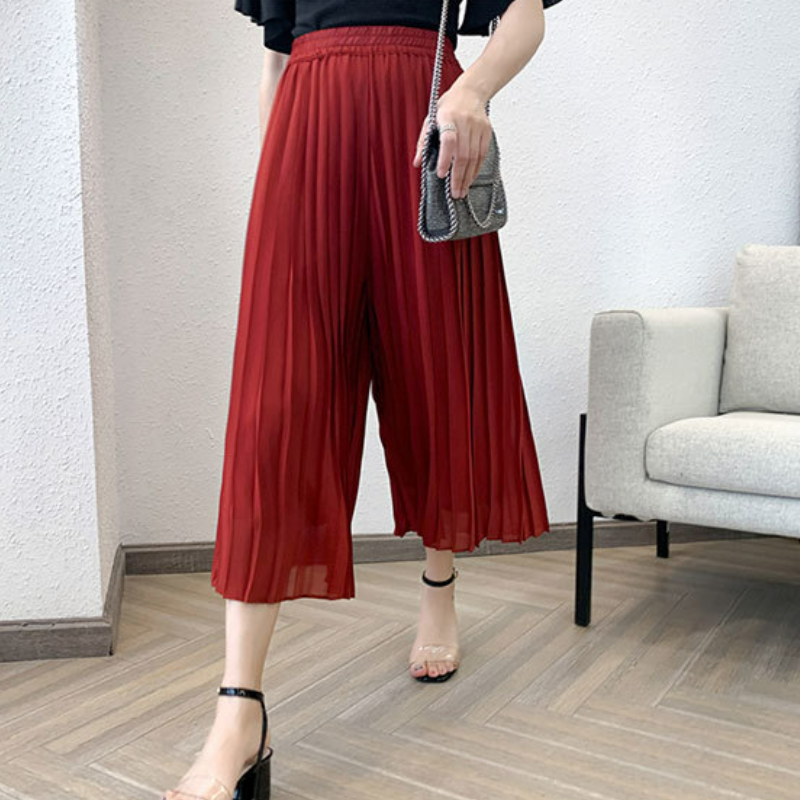 大碼百褶雪紡高腰寬鬆顯瘦九分闊腿褲-lululam