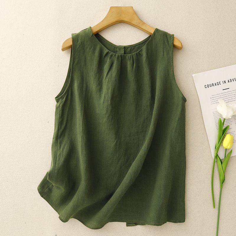 文藝風素色棉麻薄款寬鬆顯瘦無袖背心-lululam