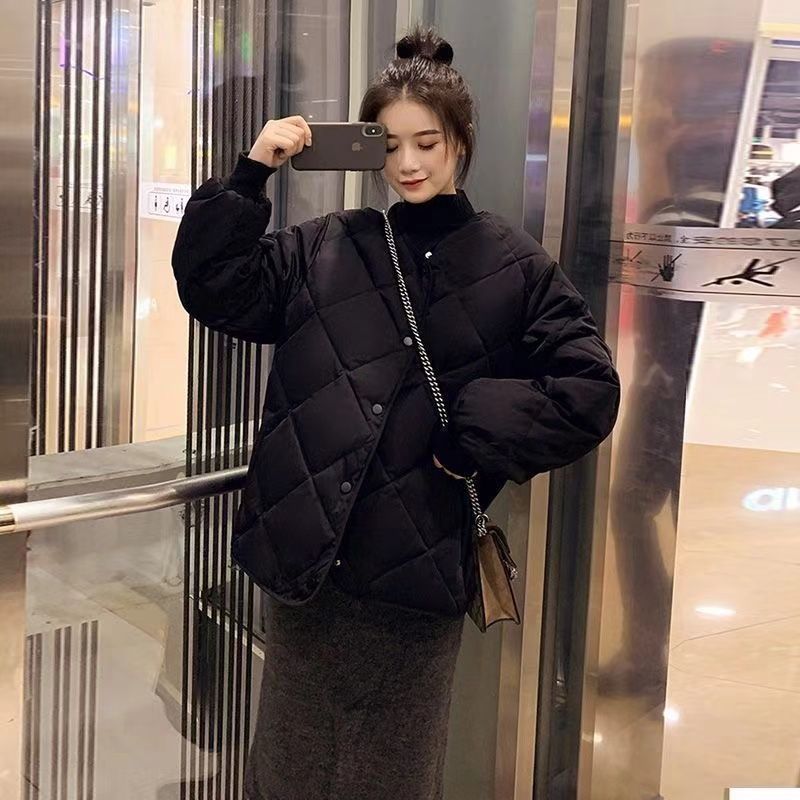 小香風無領菱形格內搭輕薄短版棉服外套