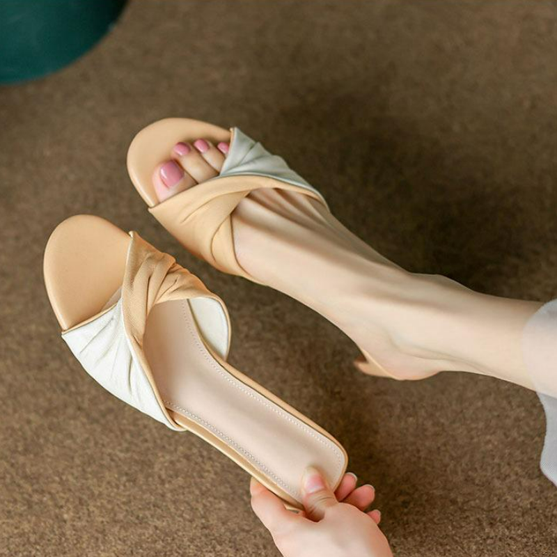 優雅復古舒適柔軟外穿時尚中跟涼拖鞋-lululam