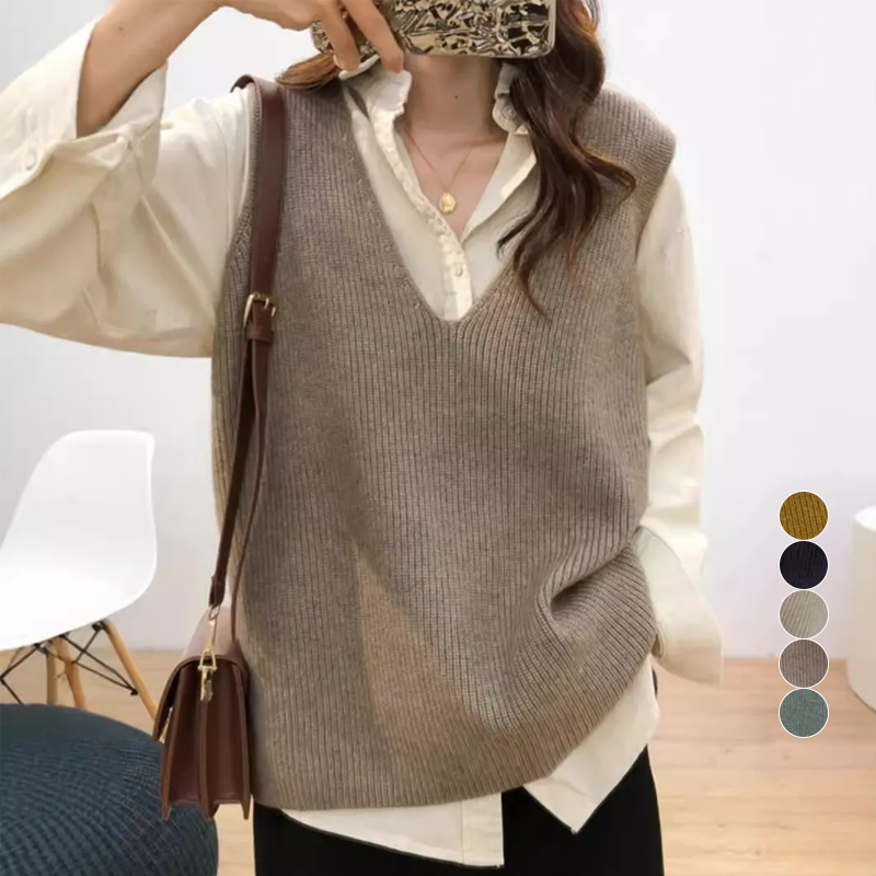 V領純色百搭寬鬆顯瘦針織無袖馬甲-lululam