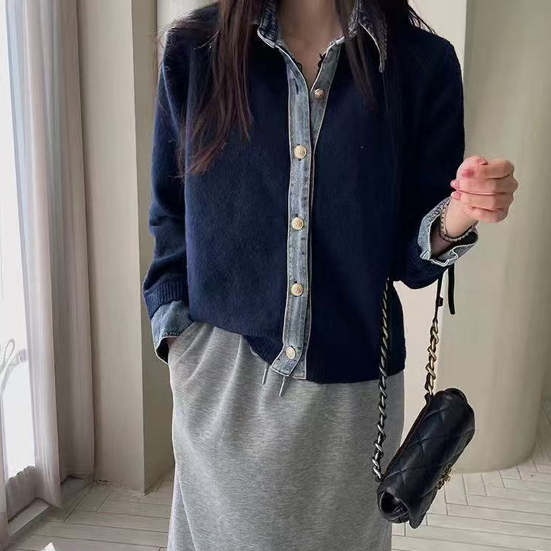 韓系設計感時尚牛仔拼接寬鬆針織開衫