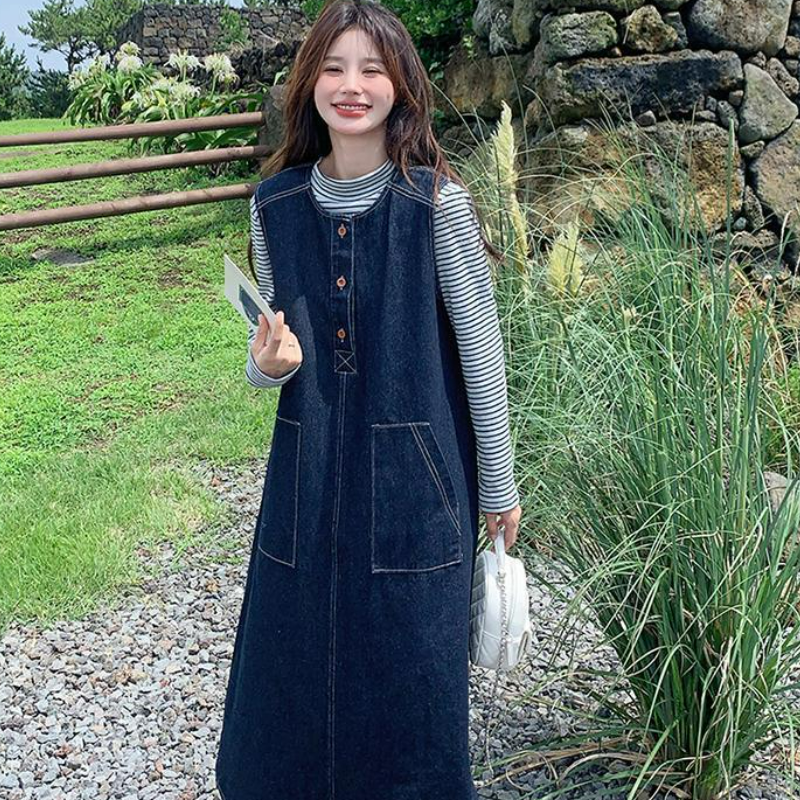 【單件/套裝】韓系條紋顯瘦上衣+復古牛仔背心洋裝兩件套-lululam