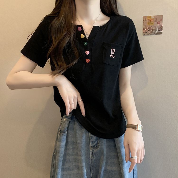 修身減齡休閒顯瘦立體設計感紐扣口袋短袖-lululam