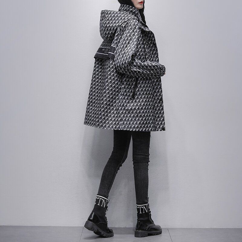 千鳥格黑色風衣中長版休閒寬鬆顯瘦連帽外套(預售7天左右發貨)