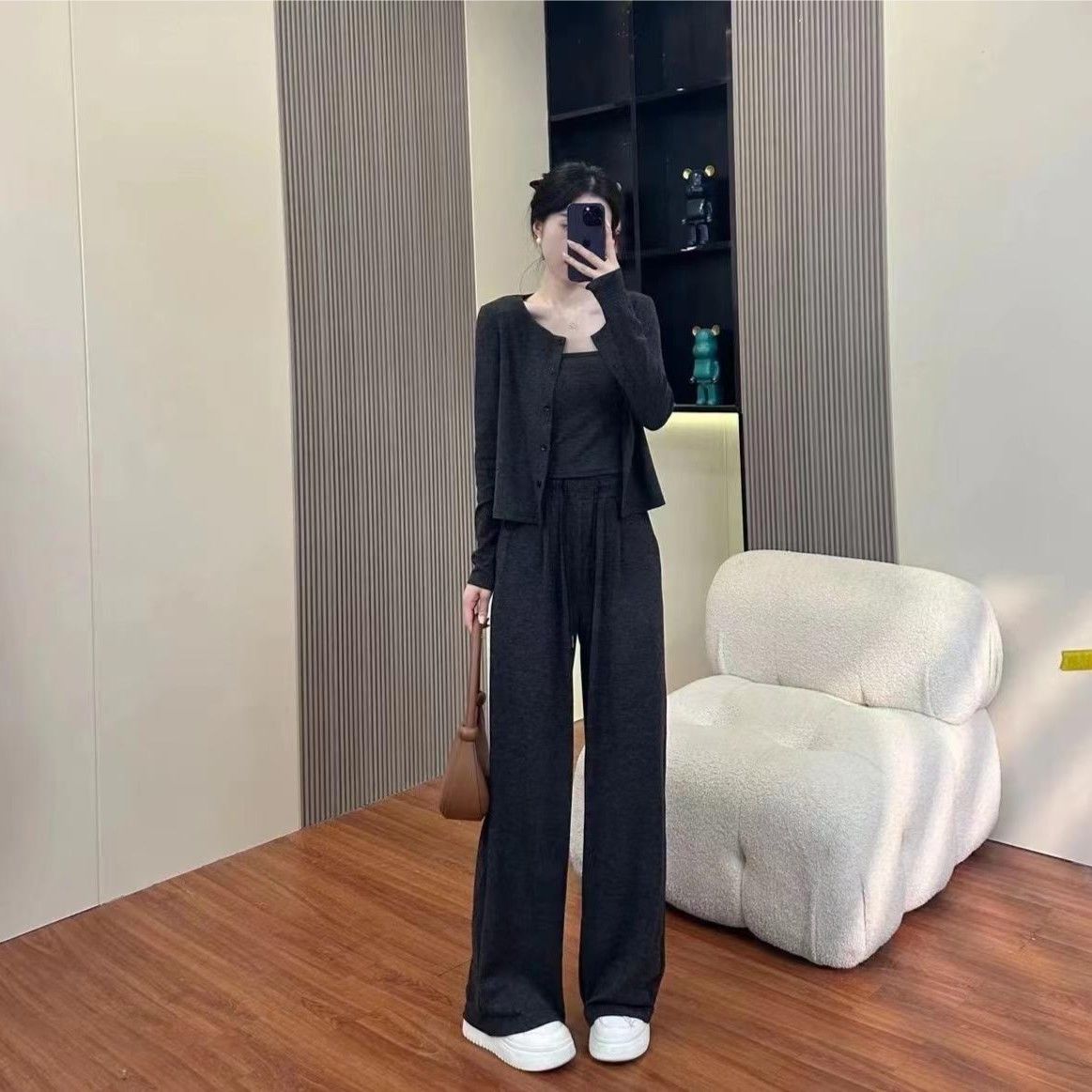 【單件/套裝】高級感韓系氣質針織開衫+吊帶+半身裙/褲子三件套-lululam