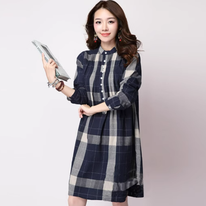 韓版寬鬆中長款格子裙長袖棉麻襯衫-lululam