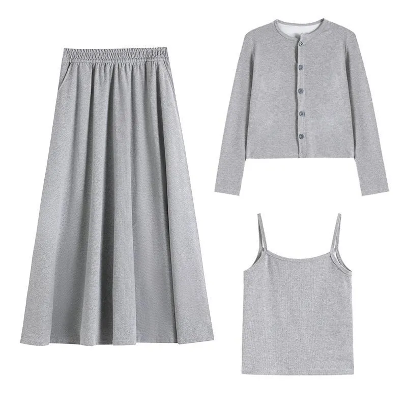 【單件/套裝】高級感韓系氣質針織開衫+吊帶+半身裙/褲子三件套-lululam