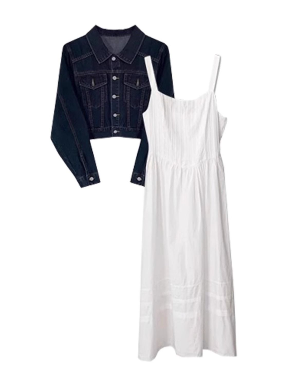 【單品/套裝】韓系牛仔外套白色吊帶洋裝兩件套裝-lululam