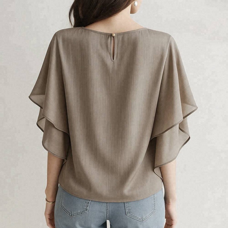 5色日系蝙蝠衫寬鬆圓領休閒百搭短袖雪紡衫-lululam