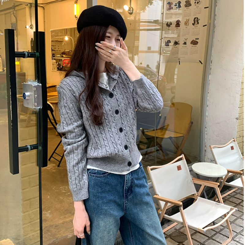 設計感顯瘦氣質百搭連帽長袖針織開衫