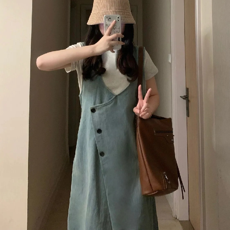 【單件/套裝】百搭短袖設計感牛仔吊帶洋裝兩件套裝-lululam