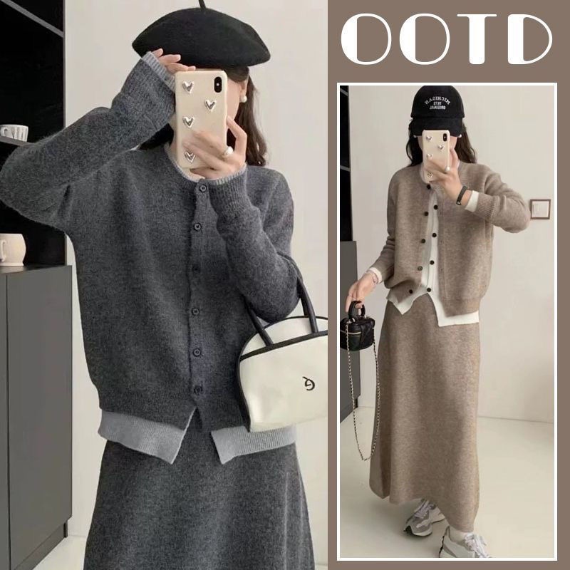 慵懶風假兩件針織開衫半身裙兩件套裝-lululam