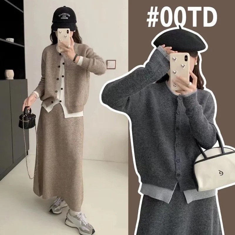 慵懶風假兩件針織開衫半身裙兩件套裝-lululam