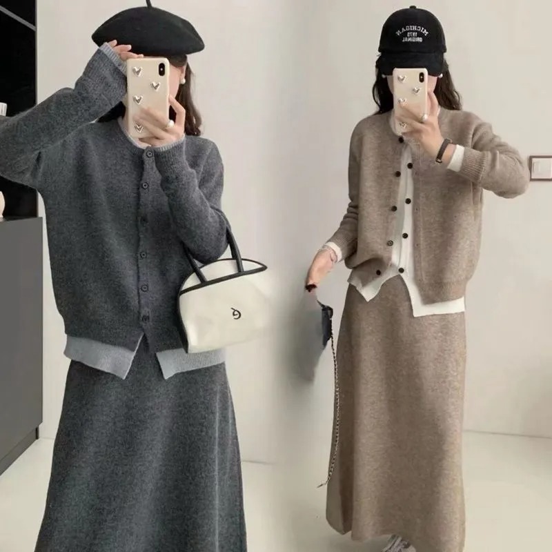 慵懶風假兩件針織開衫半身裙兩件套裝-lululam