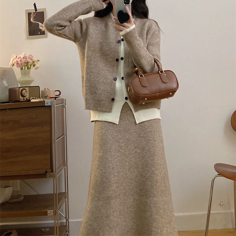 慵懶風假兩件針織開衫半身裙兩件套裝-lululam