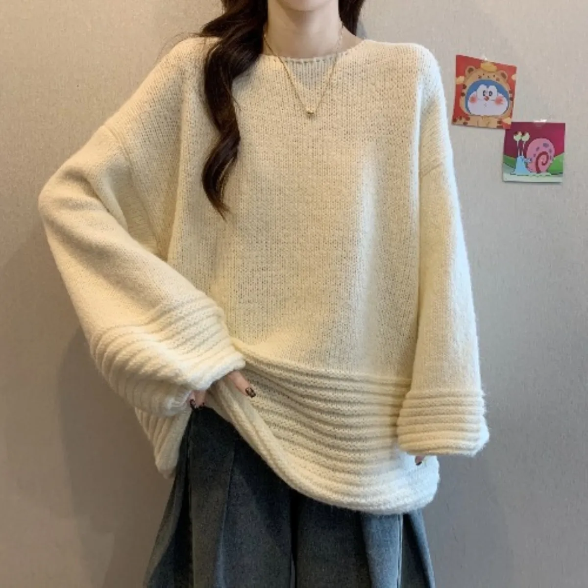 寬松燈籠袖大碼中長款軟糯慵懶風針織毛衣-lululam