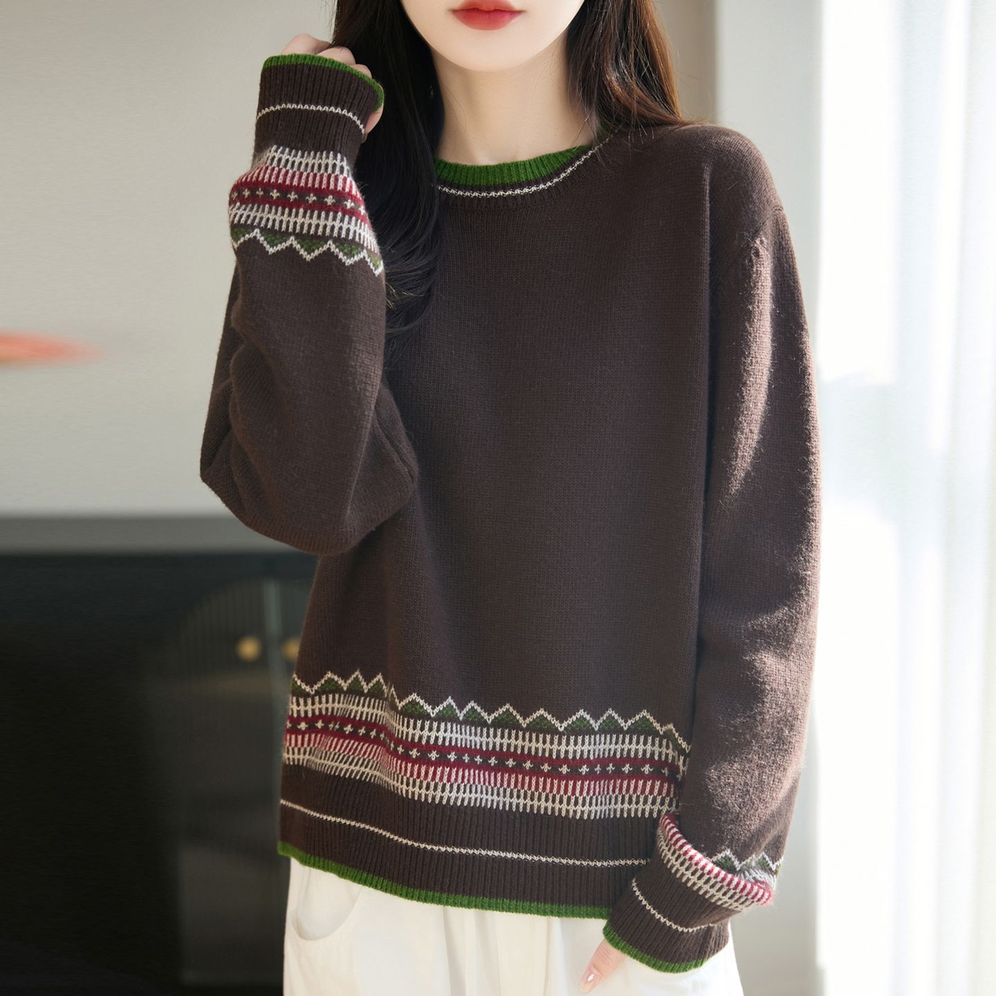 新款民族提花撞色圓領時尚復古正肩寬鬆打底衫