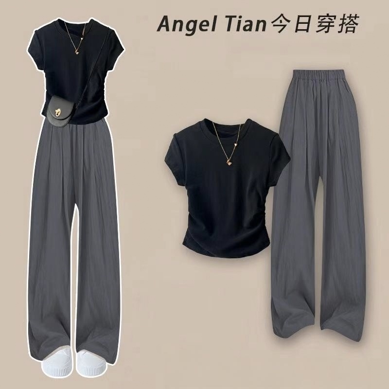 【單件/套裝】韓系簡約百搭純棉正肩T恤+寬鬆闊腿褲兩件套裝-lululam