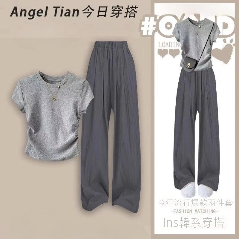 【單件/套裝】韓系簡約百搭純棉正肩T恤+寬鬆闊腿褲兩件套裝-lululam