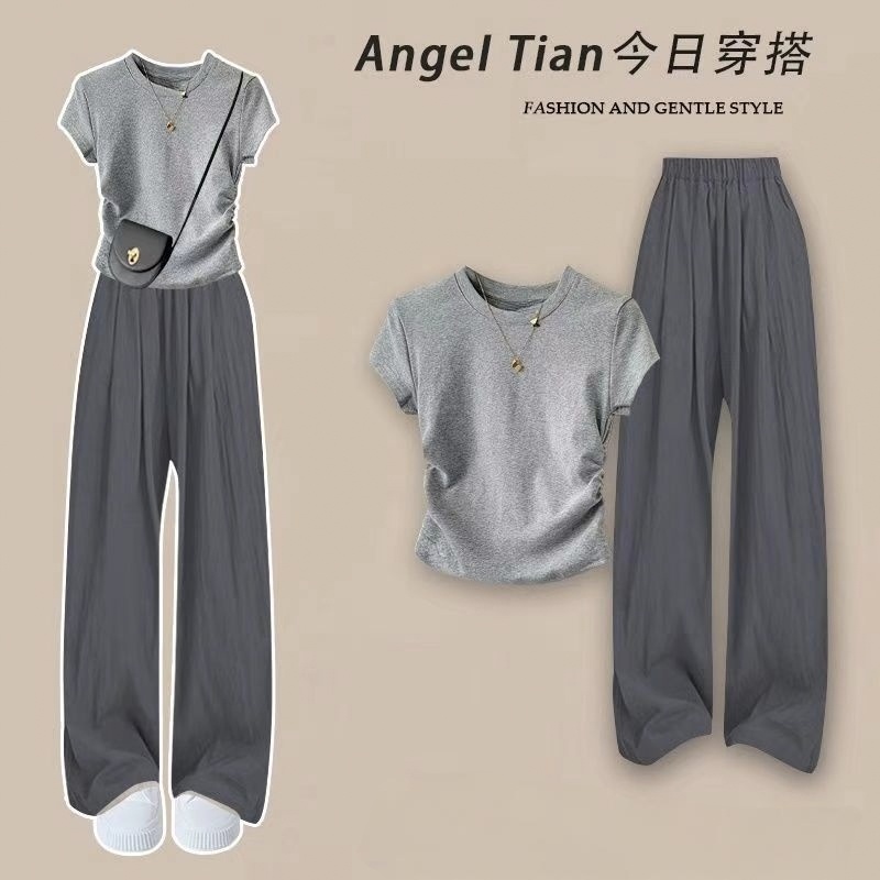 【單件/套裝】韓系簡約百搭純棉正肩T恤+寬鬆闊腿褲兩件套裝-lululam