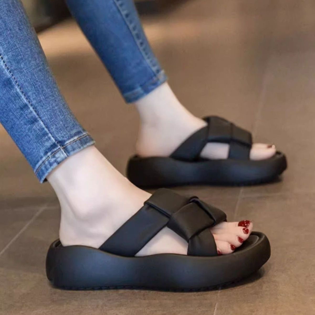 時尚外穿厚底編織平底高級感一字涼拖鞋-lululam