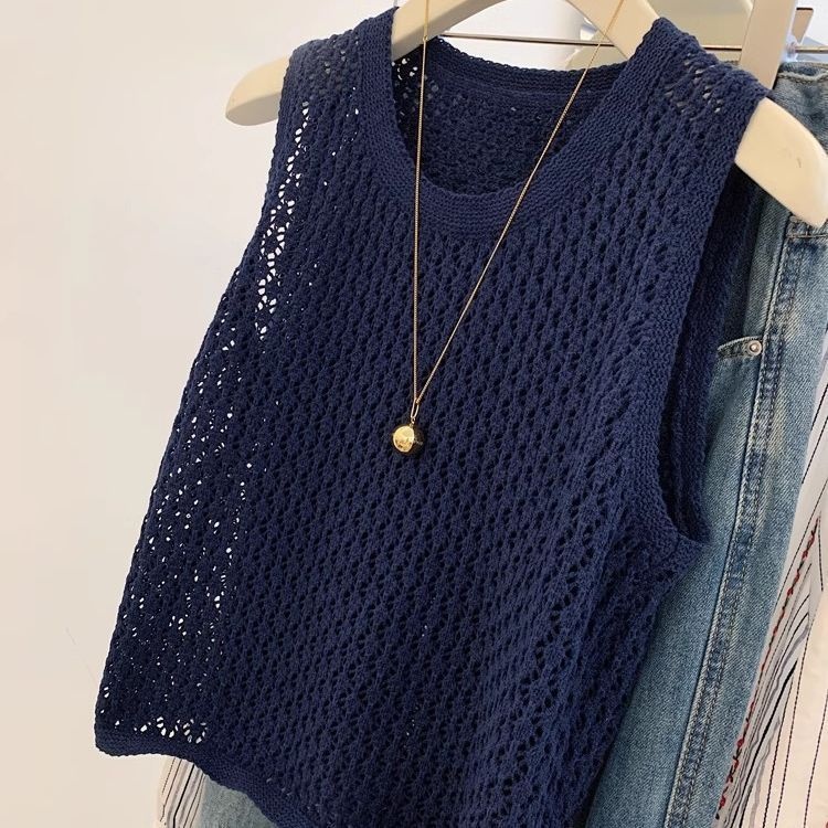 韓系鏤空寬鬆顯瘦薄款無袖針織背心-lululam