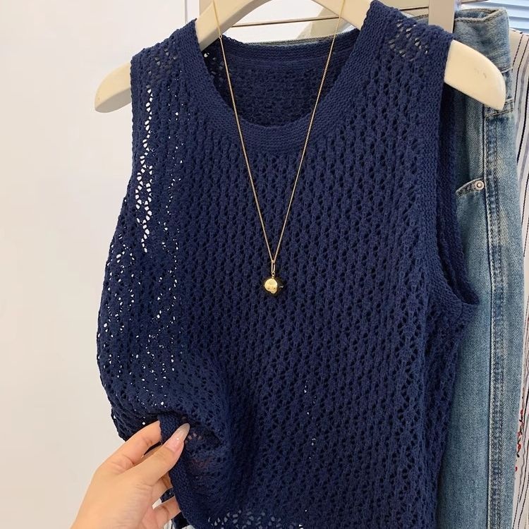 韓系鏤空寬鬆顯瘦薄款無袖針織背心-lululam
