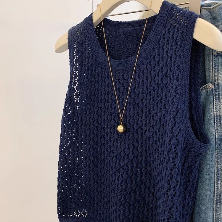 韓系鏤空寬鬆顯瘦薄款無袖針織背心-lululam