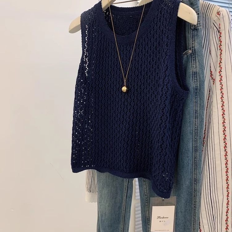 韓系鏤空寬鬆顯瘦薄款無袖針織背心-lululam