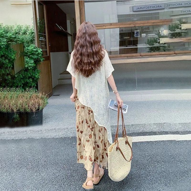 【單件/套裝】法式度假風氛圍感不規則蕾絲罩衫+吊帶碎花裙兩件套-lululam