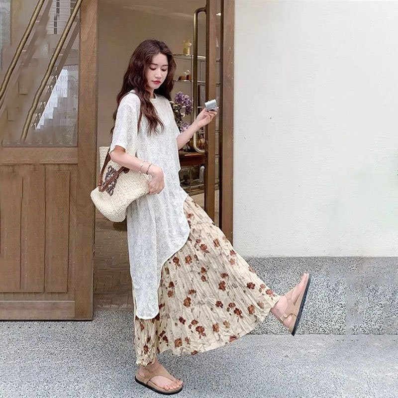 【單件/套裝】法式度假風氛圍感不規則蕾絲罩衫+吊帶碎花裙兩件套-lululam