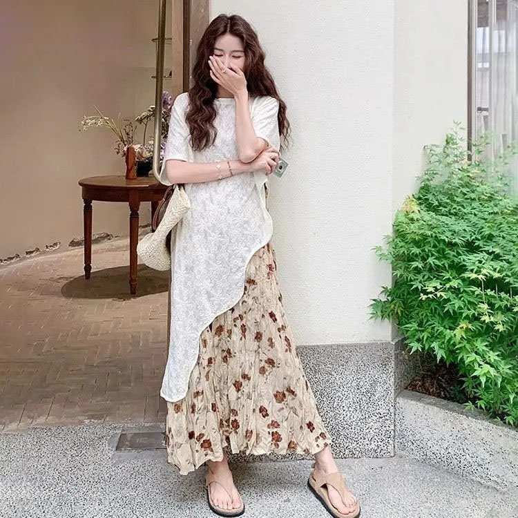 【單件/套裝】法式度假風氛圍感不規則蕾絲罩衫+吊帶碎花裙兩件套-lululam