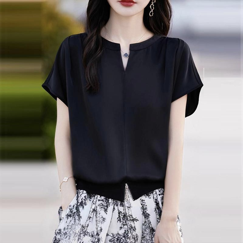 落肩小衫短款V領純色寬鬆短袖T恤-lululam