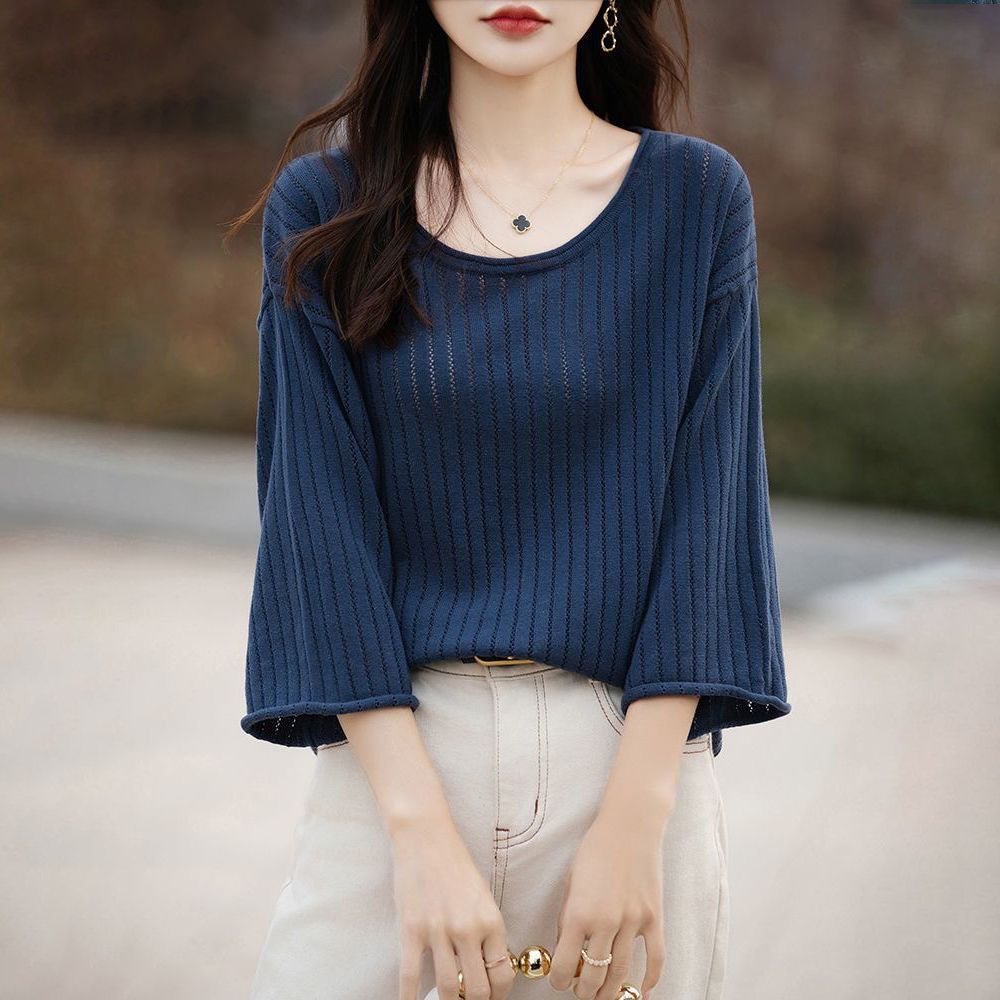 純棉袖捲邊圓領鏤空寬鬆七分袖-lululam