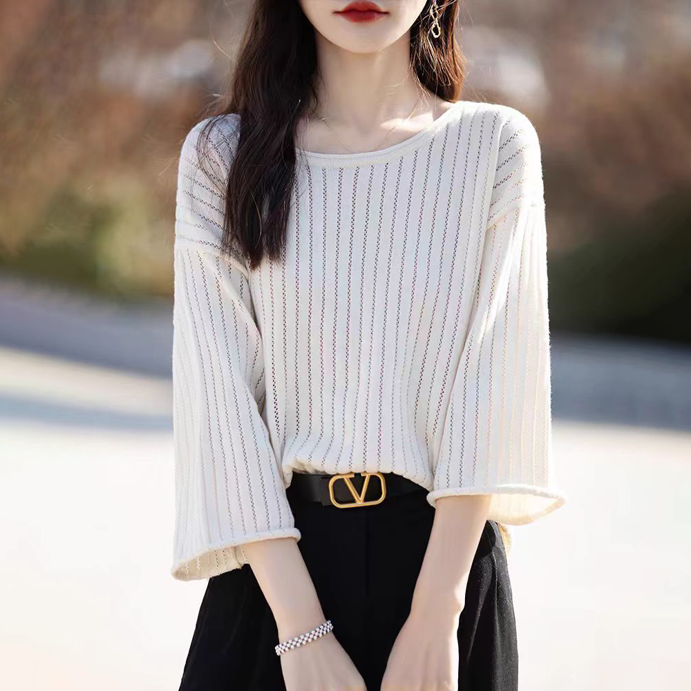 純棉袖捲邊圓領鏤空寬鬆七分袖-lululam