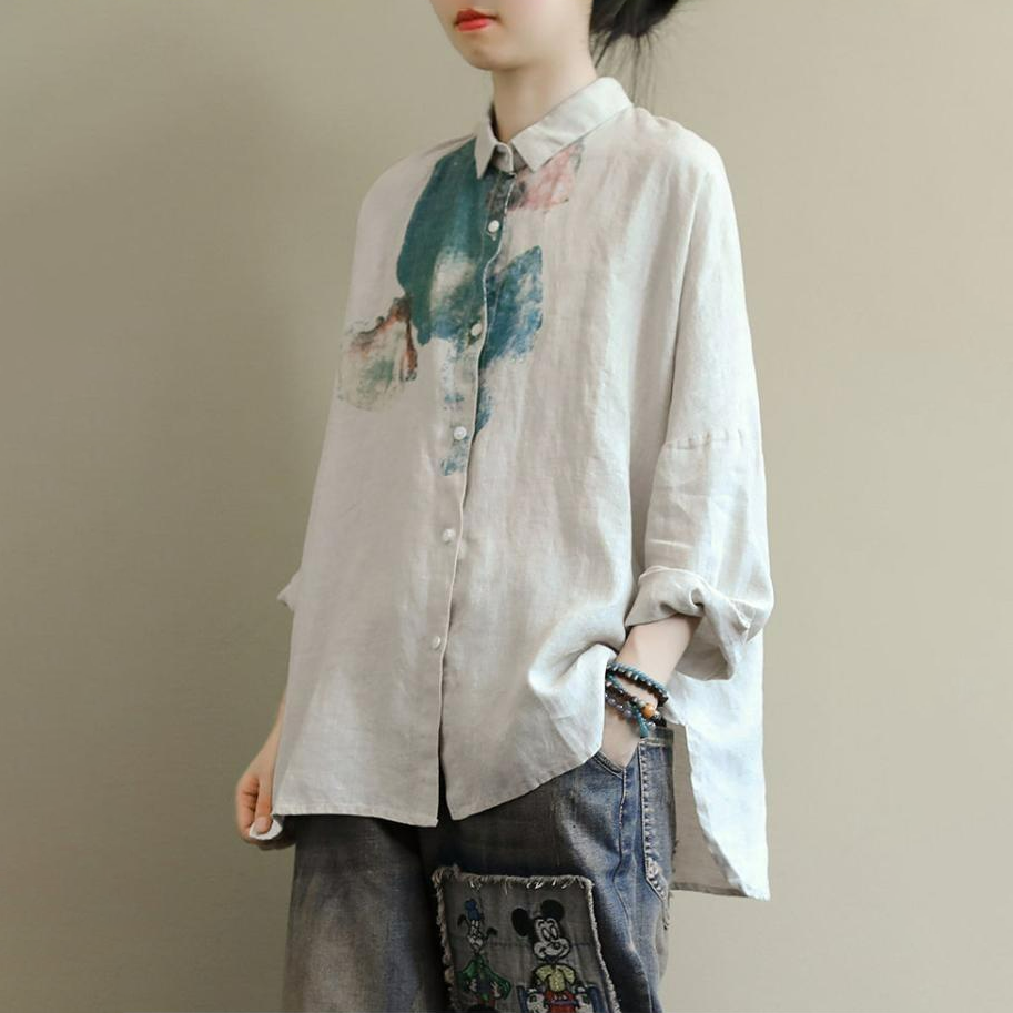 文藝印花長袖大碼寬松百搭棉麻襯衫-lululam