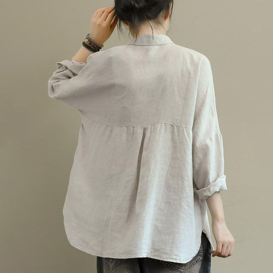 文藝印花長袖大碼寬松百搭棉麻襯衫-lululam