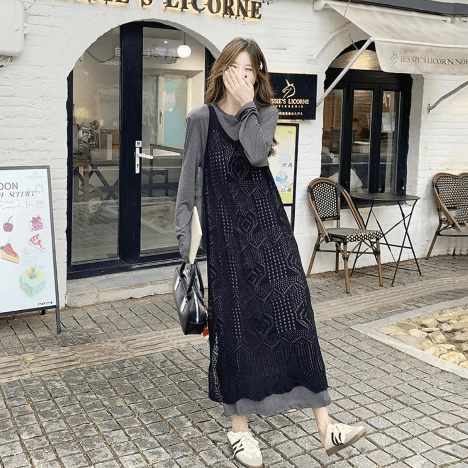 【單件/套裝】鏤空罩衫慵懶寬鬆連身裙兩件套裝-lululam