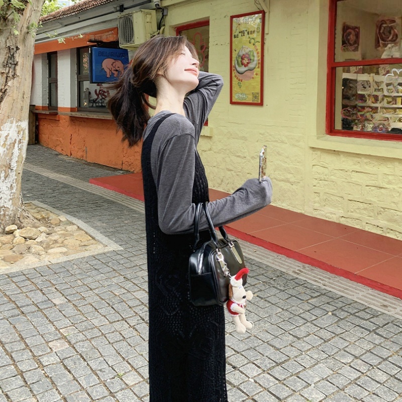 【單件/套裝】鏤空罩衫慵懶寬鬆連身裙兩件套裝-lululam