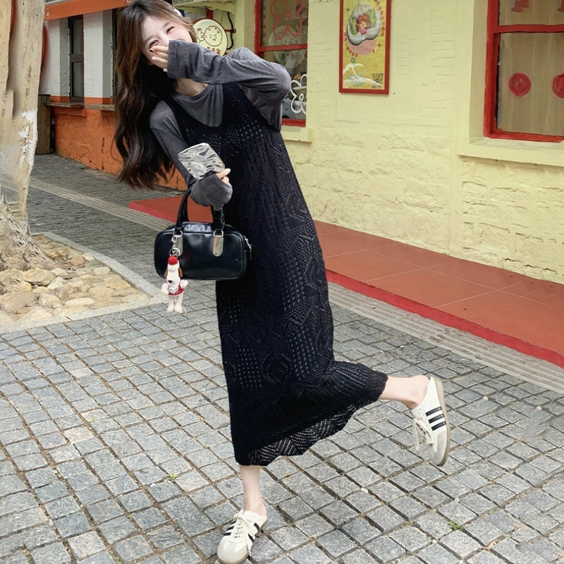 【單件/套裝】鏤空罩衫慵懶寬鬆連身裙兩件套裝-lululam