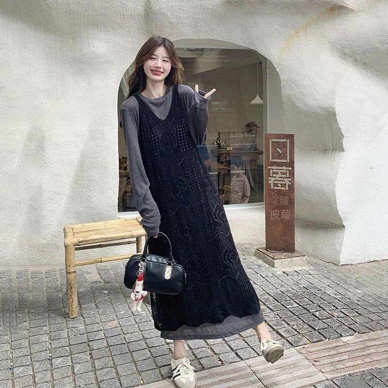 【單件/套裝】鏤空罩衫慵懶寬鬆連身裙兩件套裝-lululam