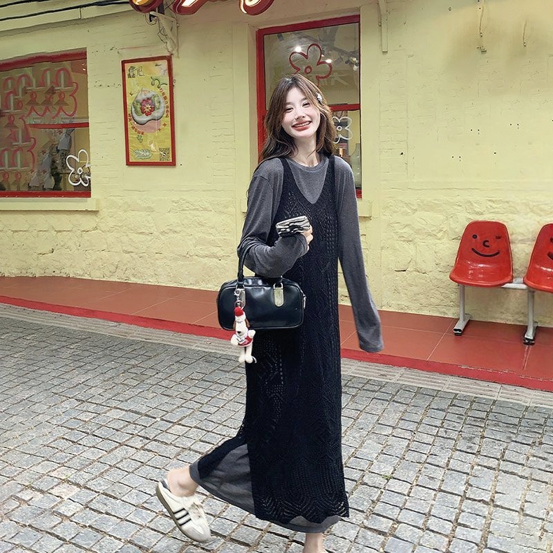 【單件/套裝】鏤空罩衫慵懶寬鬆連身裙兩件套裝-lululam