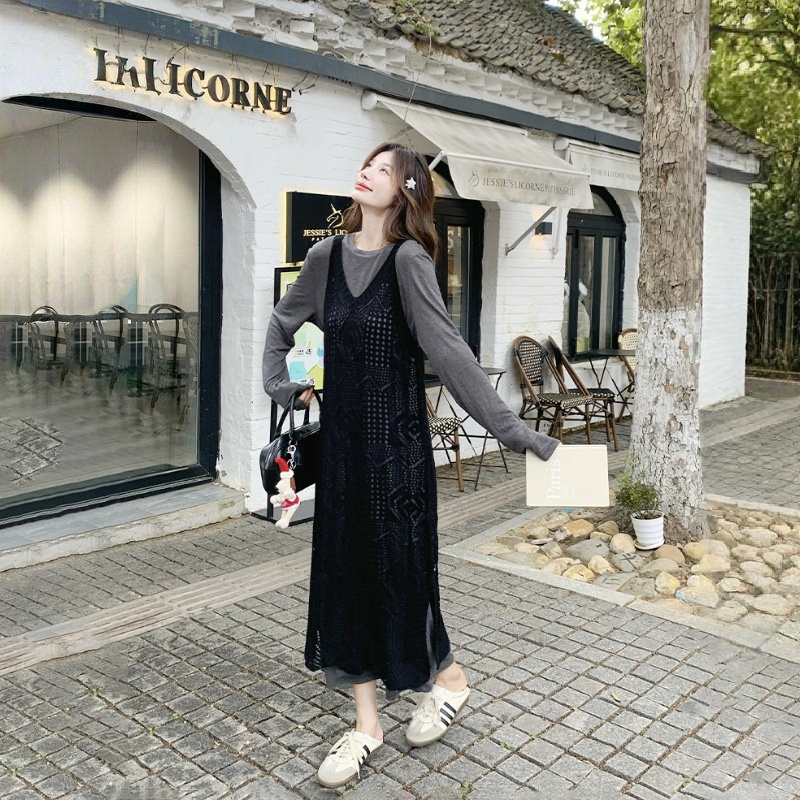 【單件/套裝】鏤空罩衫慵懶寬鬆連身裙兩件套裝-lululam