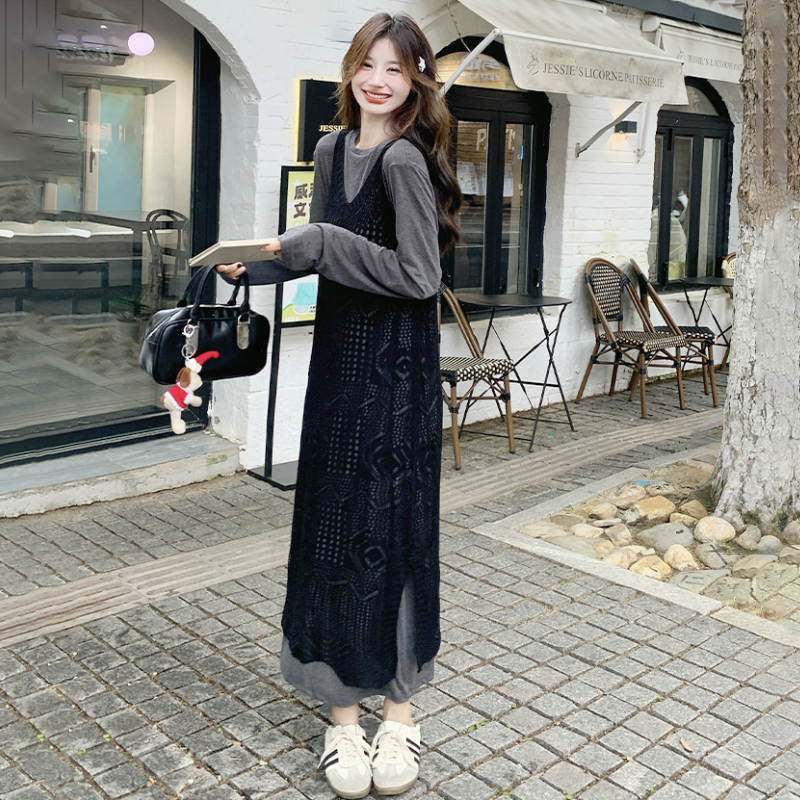 【單件/套裝】鏤空罩衫慵懶寬鬆連身裙兩件套裝-lululam