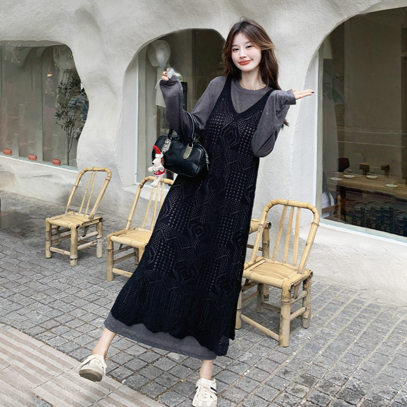 【單件/套裝】鏤空罩衫慵懶寬鬆連身裙兩件套裝-lululam