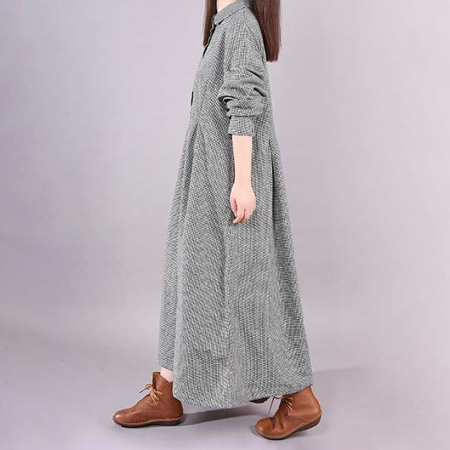 韓版時尚寬鬆大碼顯瘦格子長袖洋裝-lululam