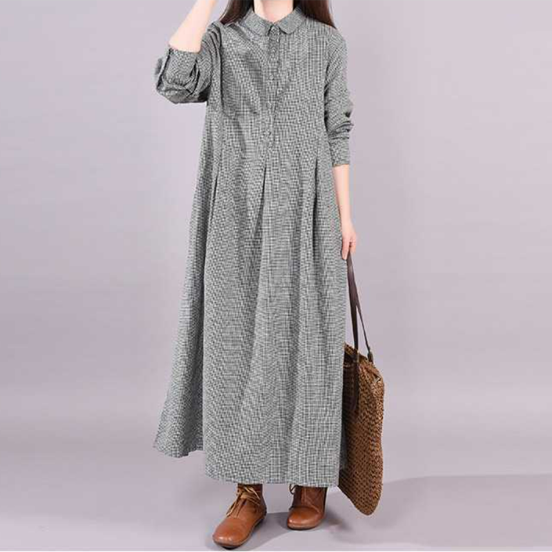 韓版時尚寬鬆大碼顯瘦格子長袖洋裝-lululam